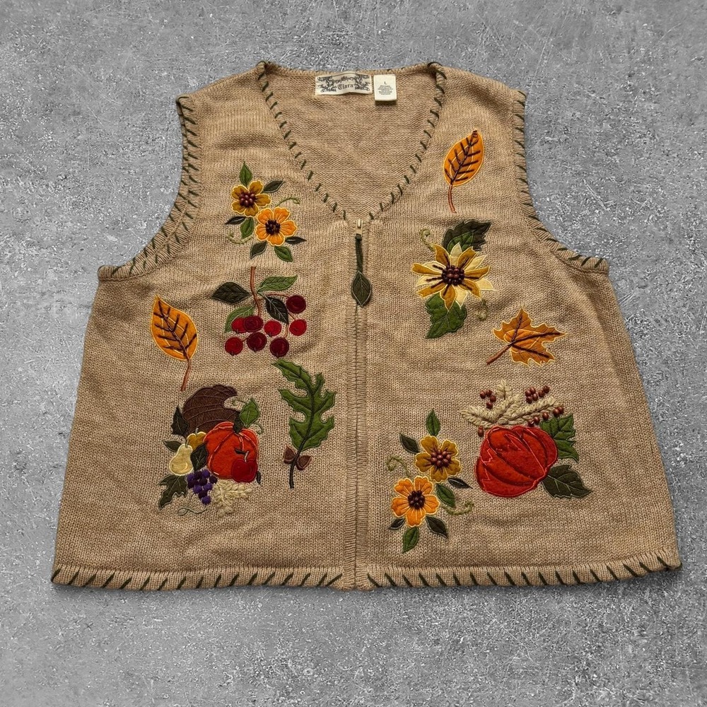 Vintage Tiara Fall Harvest Embroidered Ramie Cotton Vest Pumpkins Sunflowers L